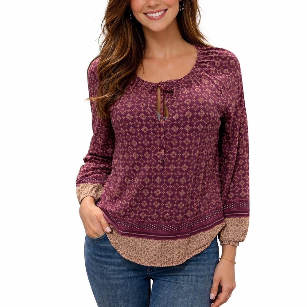 Vintage Lucky Brand Burgundy Tribal Print Long Sleeve Tunic Blouse Size M